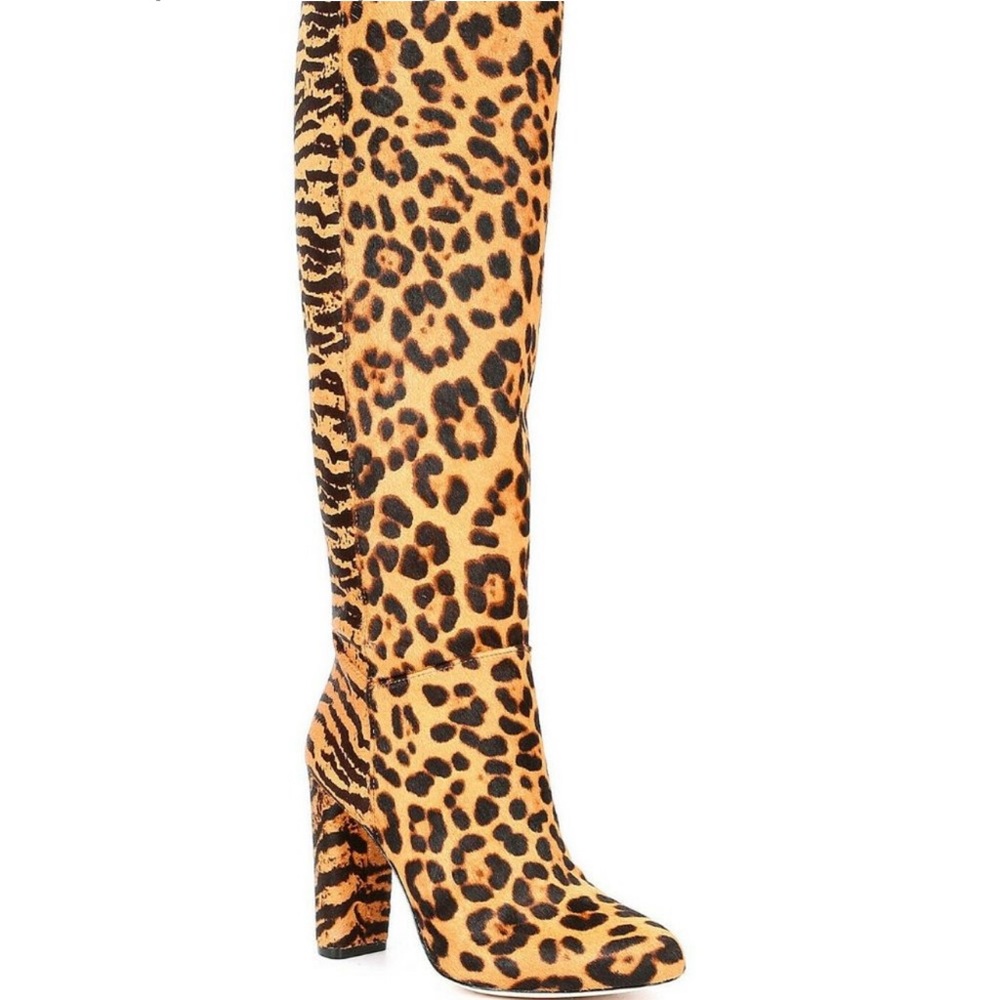 ANTONIO MELANI Leopard Print Knee-High Heeled Boots in Tan and Black